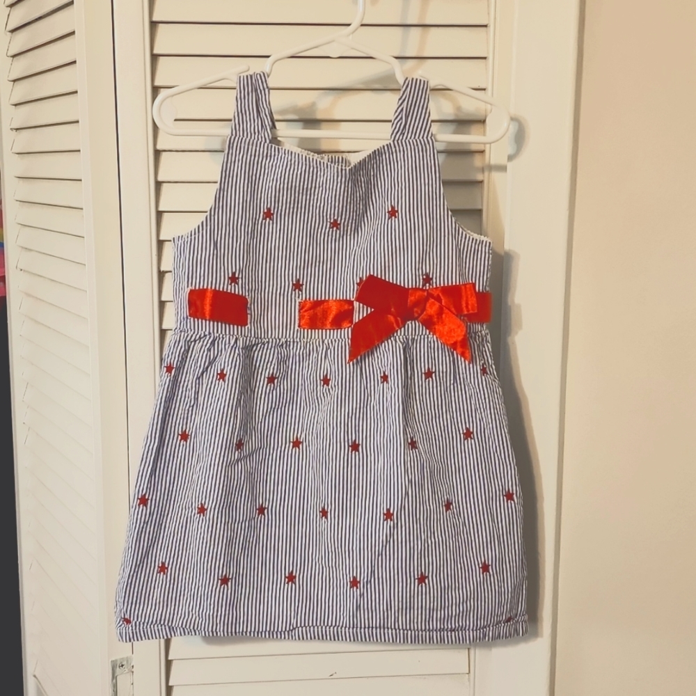 Seersucker Sleeveless Dress with Red Stars and Red Satin Ribbon, Size 4